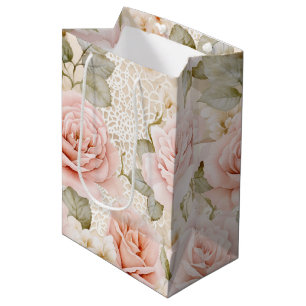 Cream Blush Pink Roses Floral Bridal Shower Medium Gift Bag