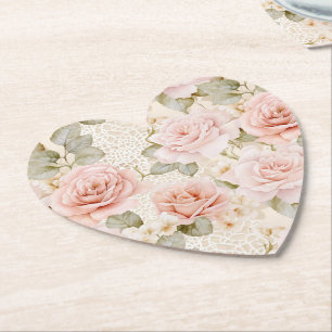 Cream Blush Pink Roses Floral Bridal Shower Paper Coaster