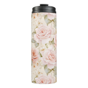 Cream Blush Pink Roses Floral Bridal Shower Thermal Tumbler