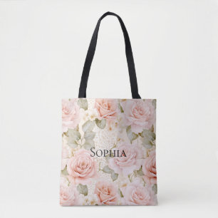 Cream Blush Pink Roses Floral Bridal Shower Tote Bag