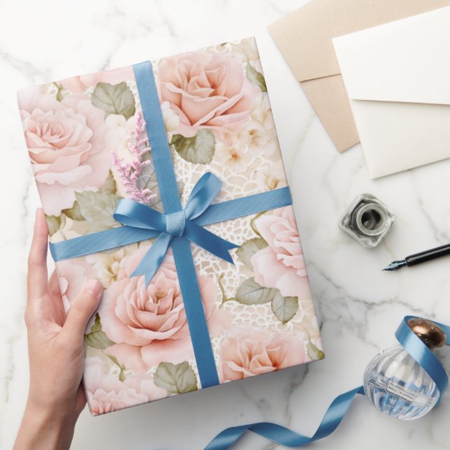 Cream Blush Pink Roses Floral Bridal Shower Wrapping Paper (Gifting)