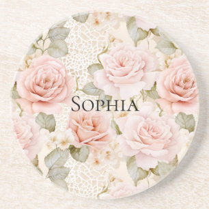 Cream Blush Pink Roses Floral   Coaster