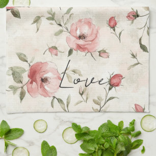Cream Blush Pink Roses Floral Kitchen Towel