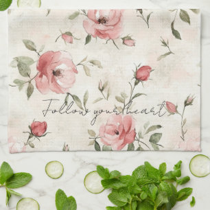 Cream Blush Pink Roses Floral Kitchen Towel