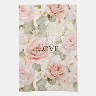 Cream Blush Pink Roses Floral   Kitchen Towel
