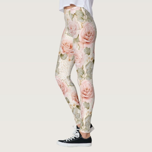 Cream Blush Pink Roses Floral  Leggings (Left)