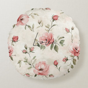 Cream Blush Pink Roses Floral Round Pillow