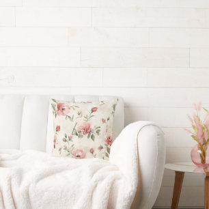 Cream Blush Pink Roses Floral Throw Pillow
