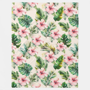Cream Blush Pink Tropical Leaves Hibiscus Flowers Fleece Blanket