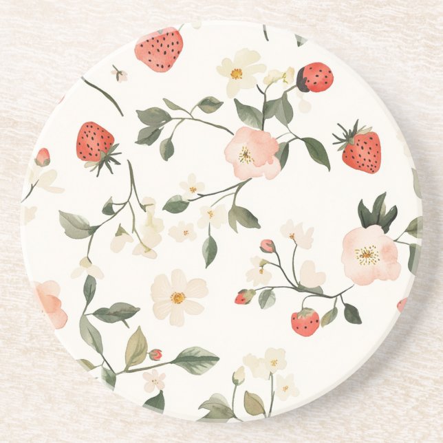Cream Blush Strawberries Coaster (Front)