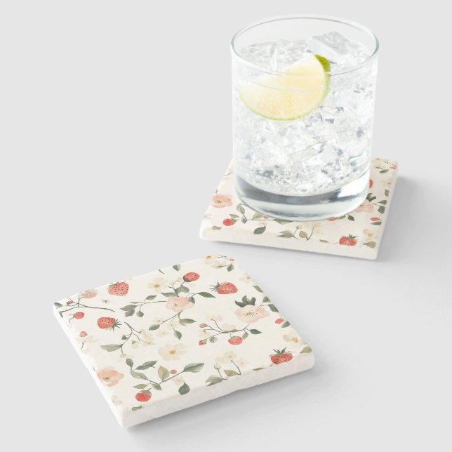 Cream Blush Strawberries Stone Coaster (Side)