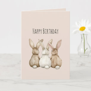 Cream Blush Three Cute Bunny Rabbits Birthday Card