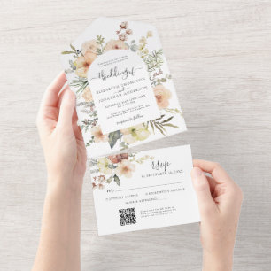 Cream Boho Christmas QR Code Winter Floral Wedding All In One Invitation