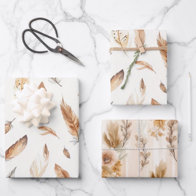 Cream Boho Feathers Flowers Birthday Wrapping Paper Sheet (Front)