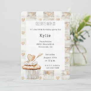 Cream Boho Hearts Cupcake Birthday Invitation