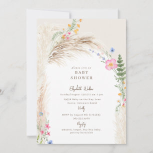 Cream Boho Pampas Wildflower Baby Shower Invitation