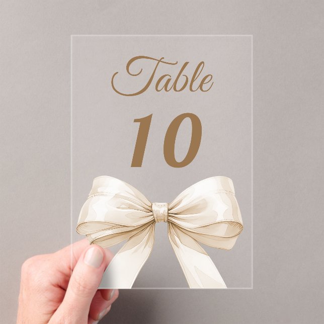 Cream bow acrylic table number sign (Insitu (Handheld))