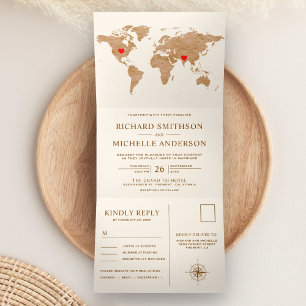 Cream Bronze World Map All in One Wedding Tri-Fold Invitation