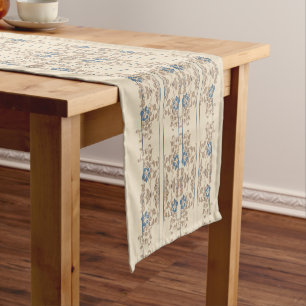 Cream brown and blue flowery stripe short table runner