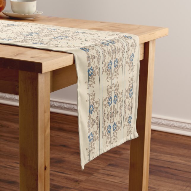 Cream brown and blue flowery stripe short table runner (In Situ)