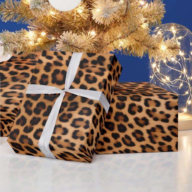 Cream Brown Black Leopard Cat Wrapping Paper (Holidays)