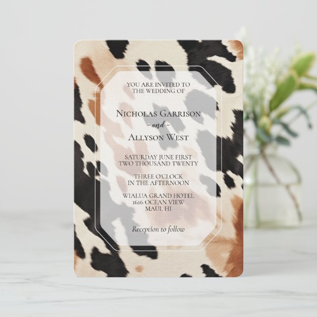 Cream Brown Black Western Cowhide Wedding Invitation (Standing Front)