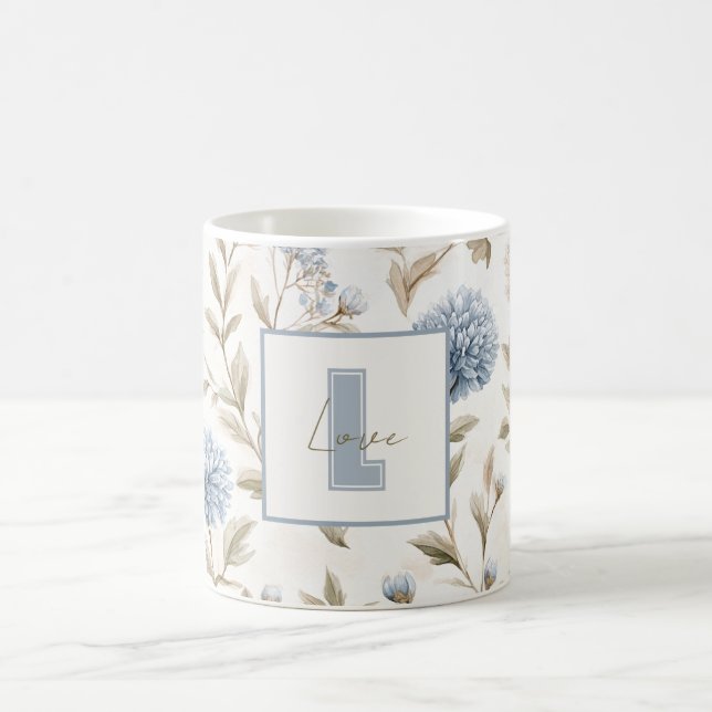Cream Brown Blue Flowers Monogram Initial Love Coffee Mug (Center)
