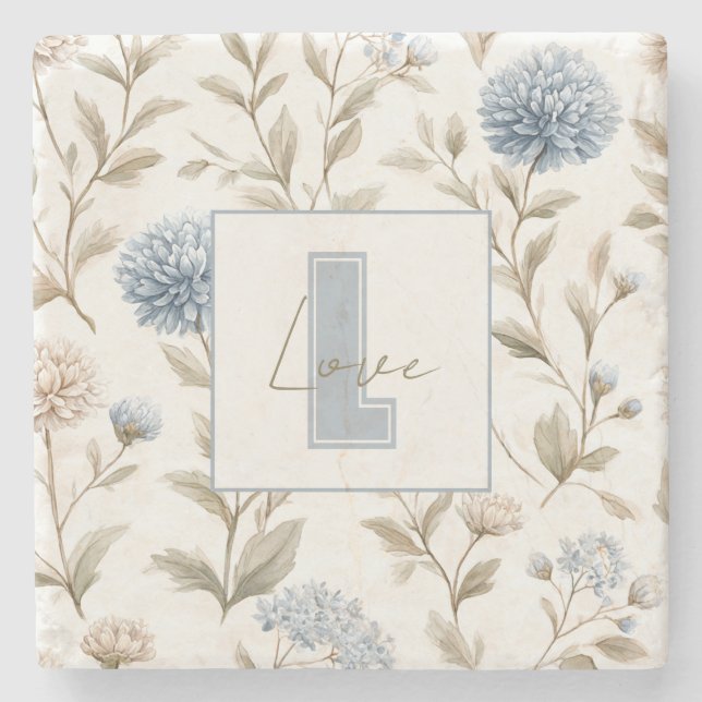 Cream Brown Blue Flowers Monogram Initial Love Stone Coaster (Front)