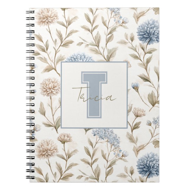 Cream Brown Blue Flowers Monogram Initial Name Notebook (Front)