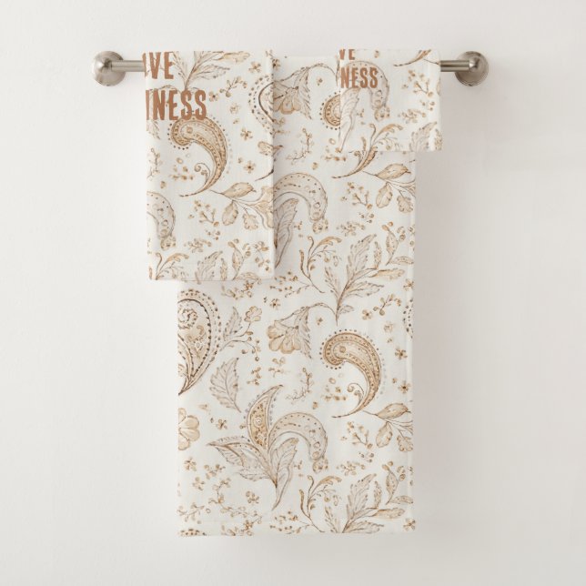 Cream Brown Boho Bohemian   Bath Towel Set (Insitu)