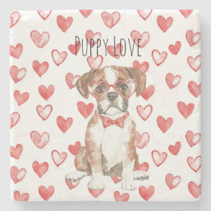 Cream Brown Boxer Red Heart Glasses Stone Coaster