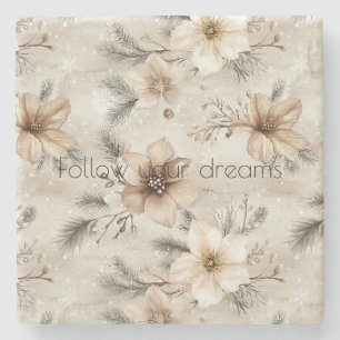 Cream Brown Floral Christmas Stone Coaster