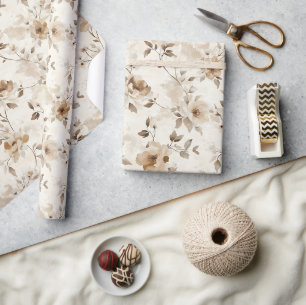 Cream Brown Flowers Birthday Wrapping Paper
