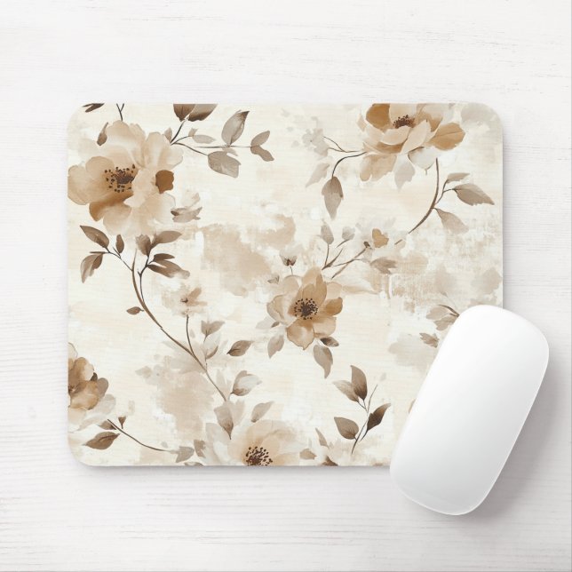 Cream Brown Flowers Mouse Pad (With Mouse)