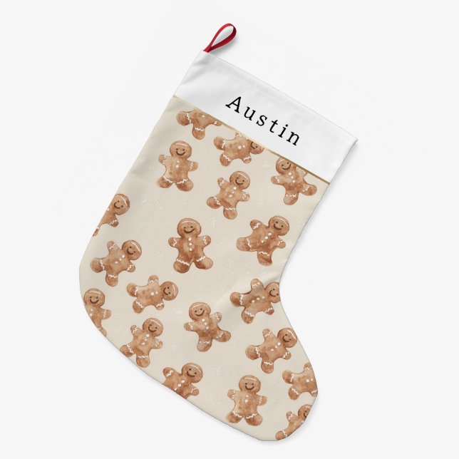 Cream Brown Gingerbread Cookies Large Christmas Stocking (Front (Hanging))