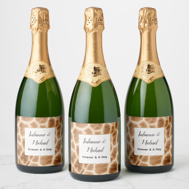 Cream Brown Giraffe Animal Safari Wedding Sparkling Wine Label (Bottles)