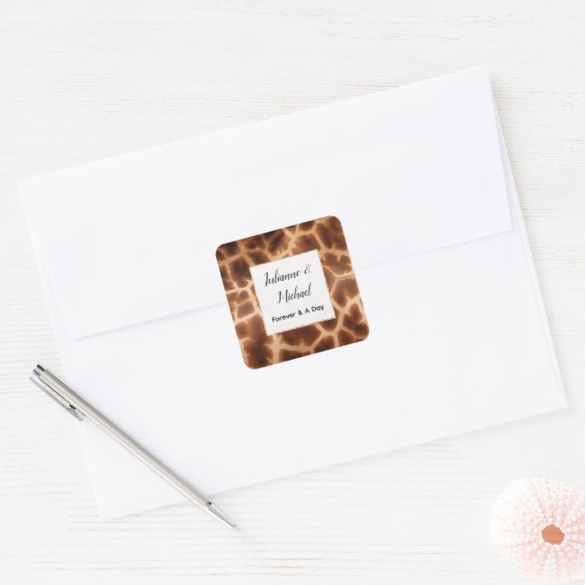 Cream Brown Giraffe Animal Wedding Square Sticker (Envelope)