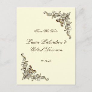 Cream Brown Gold Ornate Jewelled Save The Date Announcement Postcard