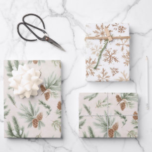 Cream Brown Green Christmas Pine Cones Snowflakes Wrapping Paper Sheet