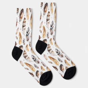 Cream Brown Native Tribal Feathers Socks