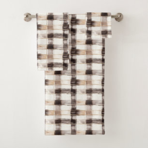 Cream Brown Plaid Stripes Bath Towel Set