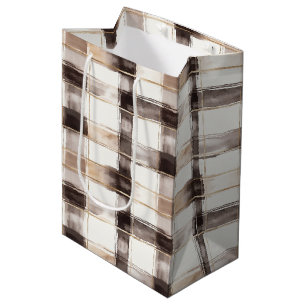 Cream Brown Plaid Stripes Birthday Medium Gift Bag