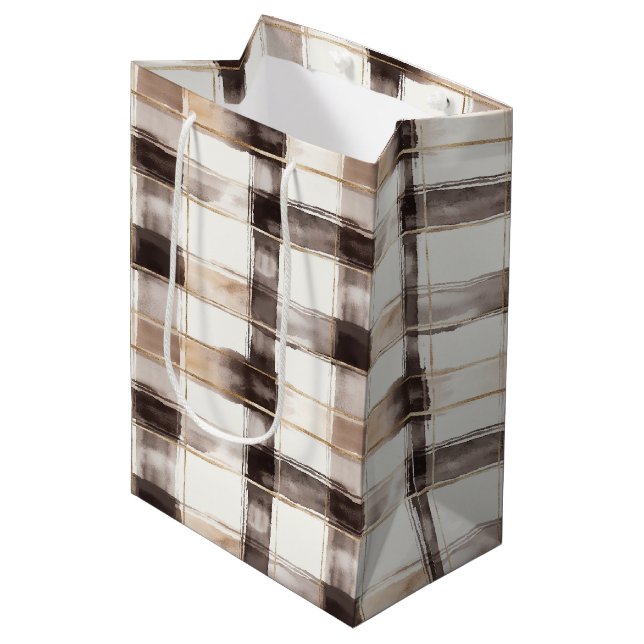 Cream Brown Plaid Stripes Birthday Medium Gift Bag (Front Angled)