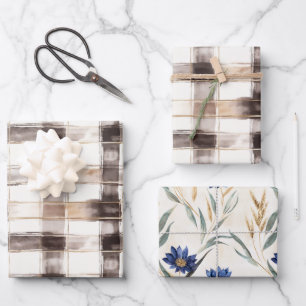 Cream Brown Plaid Stripes Blue Floral Birthday Wrapping Paper Sheet