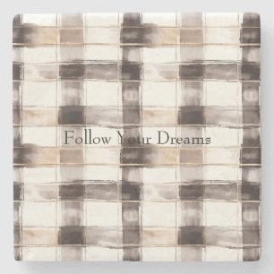 Cream Brown Plaid Stripes   Stone Coaster