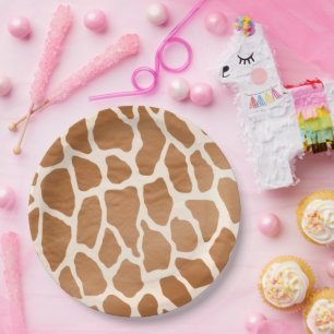 Cream Brown Safari Giraffe Animal Print Paper Plate