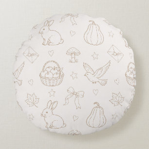 Cream Brown Sketch Baskets Birds Bunnies Round Pillow