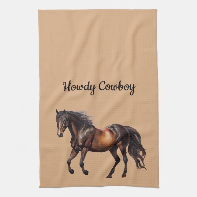Cream Brown Southwest Horse Kitchen Towel (Vertical)