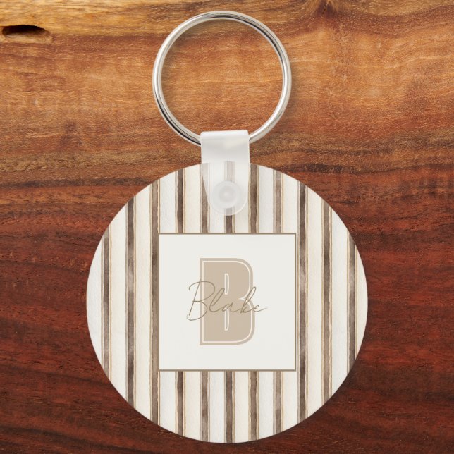 Cream Brown Stripes Monogram Initial Name Keychain (Front)