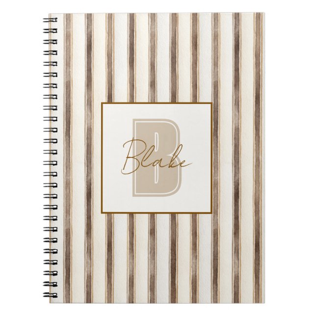 Cream Brown Stripes Monogram Initial Name Notebook (Front)